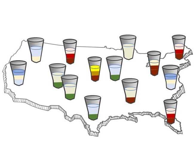 Map of the United States with a drinking glass in each region, each filled with layers of different colors and heights, showing how the mix and amount of relative health risk in a glass of water differs from place to place.